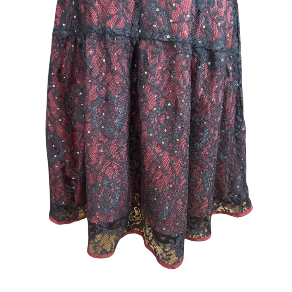 xFree People Black & Burgundy Lace Fit & Flare Mini Dress SZ:10  Sheer Open Back - Picture 5 of 11